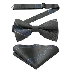 [HISDERN] 蝶ネクタイ メンズ ワンタッチ ボウタイ - ストライプ ブラック ネイビー ブルー フォーマル ストライプ柄 蝶ネクタイチーフ セット 簡単着脱 調節可能 結婚式 パーティー bowtie BS1545L