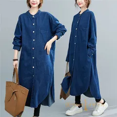 デニムワンピース ワンピース ノーカラーデニムシャツワンピース デニム シャツワンピース 長袖ワンピース ロングシャツ レディース ノーカラー シャツワンピmilyxk39