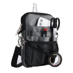 多機能 エプロンバッグ ナースポーチ ウエストバッグ Sサイズ マチ1cmサイズUP版 ダブルジッパー 仕事用 11ポケット マチ付き 3wayショルダー 文具 文房具 小物入れ 大容量 作業用 事務 看護 介護 工具入れ ベ [S グレー マチサイズUP版]