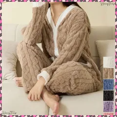 送料無料 フリースパジャマ上下セット冬ルームウェア レディース ケーブル柄 部屋着セットアップ ふわふわナイトウェア 軽く暖かい 厚手保暖着る毛布 Vネックパジャマ 防寒 ぬくぬく寝巻き保温 ボアパジャマセット かわいい室内着人気
