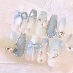 No.66オーダー♡量産型ワンホン韓国フレンチガーリースナ系リボンハート蝶々ジェルネイルチップ