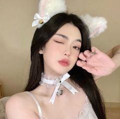 猫耳カチューシャ もふもふ ホワイト 鈴付き チョーカー レース リボン イベント コスプレ 衣装 メイド 文化祭 コンカフェ 発表会 可愛い