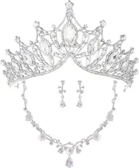 Ｕｃｃｅｌｌｉｎｏ ティアラ ネックレス ピアスまたはイヤリング 3点セット ブライダル ウェディング コスプレ シルバー ラインストーン ジルコニア( シルバー,  なし)