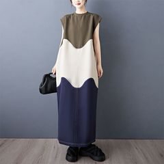 モード系  ファッション  ニッチデザイン  フレンチ  レトロ  不規則  スプライシング  コントラスト  カラーカジュアル  ノースリーブ  セータードレス  レディース