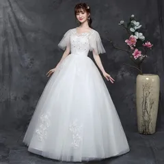 ウェディングドレス 小さいサイズ ホワイト 姫系 Aライン 結婚式 ドレス パーティー ロング 花柄 チュール XS S M L 紐タイプ プリンセス 花嫁 披露宴 前撮り 透け感 袖付き