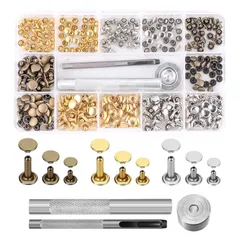 新品 カシメセット レザークラフト 3サイズ 3種色リベット リベットパーツ スタッズ 底鋲 打ち具キット 打ち台 パーツ DIY 手作り ベルト 布革細工 靴 ジーンズカバン 収納ケース付き（90Pcs）