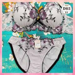 ★D85/LL☆美胸ブラ＆ショーツセット 脇高 美シルエット 谷間メイク 脇サイドスッキリ クラシカルな花 紫