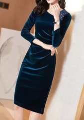 【ブルー】ワンピース ひざ丈 ベロアワンショルダー ビジュー 長袖 レディース 秋冬 防寒 お出かけ 上品 きれいめ