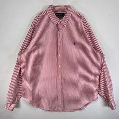 古着 ラルフローレン RALPH LAUREN 長袖シャツ ボタンダウン ロゴ 刺繍 大きいサイズ XXL  レッド ストライプ メンズ