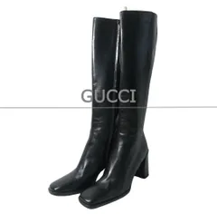 極美品 GUCCI グッチ ロングブーツ ジョッキーブーツ ロング丈 チャンキーヒール ハイヒール スクエアトゥ レザー ブラック サイズ36.5 約23.5㎝ レディース 古着 中古