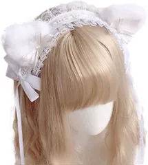 TOCOHCM 3WAY ネコ耳 ヘッドドレス ロリータ かわいい メイド カチューシャ リボン コスプレ 白( ホワイト)