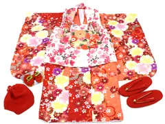 七五三 女の子 3歳用 着物フルセット（赤 × 白 × 華やか花柄）