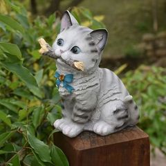 置物 オブジェ ガーデンオーナメント 枝を咥えているネコ ねこ 猫 室内 屋外 インテリア 玄関 リビング ダイニング 装飾 庭 ガーデニング