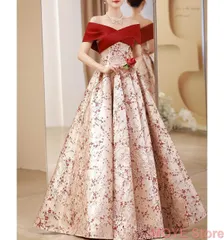 カラードレス ロングドレス 赤 レッド オフショルダー  パーティードレス ウェディングドレス ウエディングドレス 結婚式 二次会 披露宴 花嫁 演奏会 発表会 編み上げ 花柄 1010