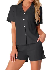 cheibear レディース パジャマセット ボタンアップ ラウンジセット コットン ソフト パジャマ ショーツセット 2ピース 半袖 寝巻き 黒 M