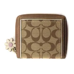 コーチ COACH 二つ折り 財布 ウォレット ミニ シグネチャー ラウンドファスナー キャンバス レザー 花 キーホルダー 茶 ブラウン /IR ■GY18