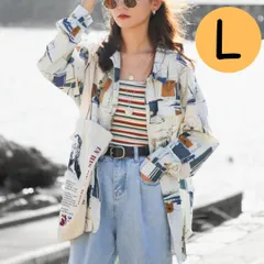 柄シャツ レディース 長袖 薄手 Lサイズ 古着風 白 インポート オーバーサイズ 大きめ ゆったり ルーズ 海外 韓国 おしゃれ カジュアル レトロ お洒落 SNS映え インスタ 総柄 かわいい 羽織りもの 秋冬 デニム ワイドパンツ