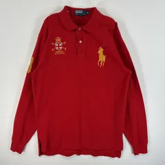 古着 90's/90年代 ポロバイラルフローレン Polo by Ralph Lauren 鹿の子 長袖 ポロシャツ ビッグポニー 2ボタン ロゴ エンブレム 背番号 M  レッド 無地 メンズ