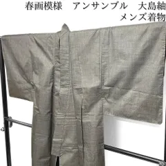 メンズ着物　アンサンブル　大島紬　変わり市松　春画　着物　103b d