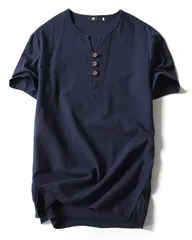 XL_ネイビー [エムエルーセ] サマーセール カジュアル Tシャツ 半袖 3ボタン リネンシャツ 綿麻 ヘンリーネック ビジネス 春 夏 無地 メンズ (XL, ネイビー)
