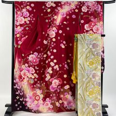 振袖 身丈169cm 裄丈65.5cm M 袷 袋帯フルセット 草花 蝶 箔 金彩 えんじ色 正絹 美品 名品 【中古】