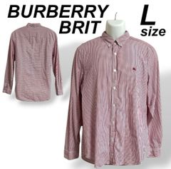 BURBERRY BRIT バーバリー ブリット メンズ 長袖シャツ L ボタンダウン 刺繍ロゴ ストライブ柄 レッド系  (r47)☆