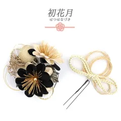 髪飾り 成人式 水引 振袖 袴 花 2点セット ちりめん 黒 ゴールド 組紐 玉飾り かすみそう ビーズ ラメ トレンド コーム Uピン No.12-0605