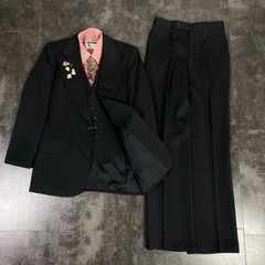 【JAPANESE VINTAGE】6点セット セレモニー シングルスーツ ピークドラペル セットアップ スリーピース 3ピース 上下 ブラック系×ピンク・パープル系 成人式 卒業式 結婚式（ユーロピンズ＆シャツ＆ネクタイ おまけ）No.24
