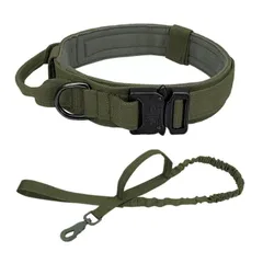 犬 ミリタリー 首輪 リード 2点セット ダブルハンドル 軍犬 k9 大型犬 中型犬 カーキ