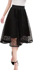 R-Dream 母の日 レース ロング スカート ウエストゴム ミモレ丈 Aライン フレア 花柄 きれいめ 上品 シースルー( ブラック)