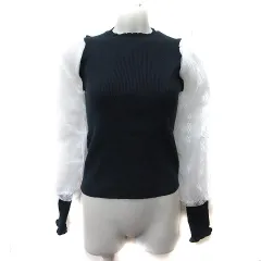 アクシーズファム axes femme ニット カットソー リブ 切替 チュール レース 長袖 M 紺 ネイビー 白 ホワイト /YI