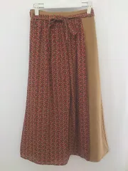 ◇ ◎ RETROGIRL レトロガール ウエストリボン付 総柄 切替 ロング フレア スカート サイズF レッド ブラウン レディース P  【1301070000433】