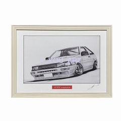 toyota　86レビン 【鉛筆画】名車 旧車 オールドカー ノスタルジックカー イラスト 絵画 デッサン 絵　A4サイズ   額付き 作者直筆サイン入り 車好き 男性 向け バースデー  定年退職祝い ギフト プレゼント に