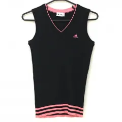 【美品】アディダス ニットベスト 黒×ピンク リブ編み ロゴ刺しゅう Vネック ウール混 レディース M/M ゴルフウェア adidas