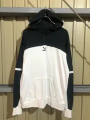 317 PUMA ハーフジップ スウェット パーカー L ホワイト ブラック プーマ 袖ロゴ 裏パイル 古着卸 アメリカ仕入