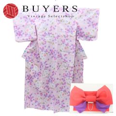 【中古】 浴衣 セット 作り帯 綿 ポリエステル ピンク パープル 半巾帯 しつけ糸あり バイカラー 和装 呉服 和服 きもの レディース 女性