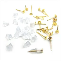 V-023 平皿ピアスピン 4mm & 樹脂ピアスキャッチ 6mmセット【ゴールド】各20個 10組 貼り付け ポストピアス ピアスピン シリコンキャッチ バックキャッチ メタル 金属 ハンドメイド アクセサリーパーツ