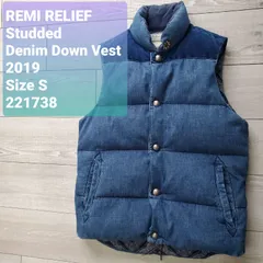 REMI RELIEFレミレリーフ■美品 2019年 DENIM DOWN VEST スタッズ＆コンチョ USED加工 コーデュロイ ヨーク切り替え デニムダウンベスト S 定価43780のサムネイル
