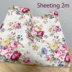 【日本製】薔薇と英字のアンティーク風生地★白地シーチング布2mローズ柄ばらバラ