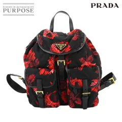 美品 プラダ PRADA バックパック リュックサック キルティング ナイロン サフィアーノレザー ブラック レッド フラワープリント 90294431