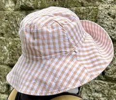 UVカット つば広帽子 ベージュ&チェック 折りたたみ可 レディース 日除け ハット