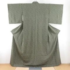 小紋 ポリエステル 袷 緑色ｘ茶色 小鳥模様 広衿 仕立て上がり 身丈163cm