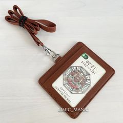 【横型】パスケース・カードケース ネックストラップ付 IC/IDカード 定期入れ クリア窓 社員証 ブラウン