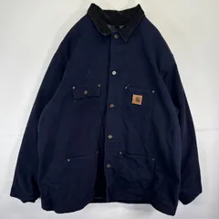 古着 カーハート Carhartt ダック ワークジャケット カバーオール ワンポイントロゴ ブランケットライナー 大きいサイズ 2XL  ネイビー メンズ