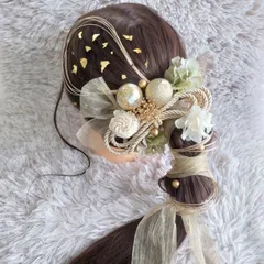 ヘッドドレス 髪飾り＊結婚式 成人式 卒業式 和装 打掛 振袖 袴~ボリューム多め リボン パール 和玉 ロープ 水引 金箔~グリーンパープル 緑 17本