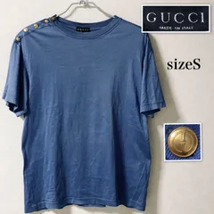 GUCCI グッチ　GG金ボタン装飾付き半袖Tシャツ　sizeS  イタリア製　コットン100% ブルー系　メンズ　ラグジュアリー　高級