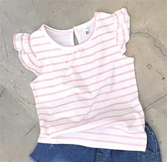 韓国子供服 n# フリル袖デザインシンプルボーダーカットソー 半袖 春夏 キッズ トップス 女の子 ピンク