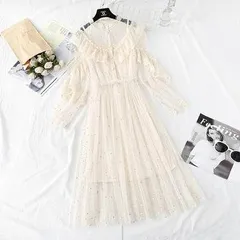 ふんわりキラキラモテワンピース 袖あり 長袖  フレア セミフレア Aライン レース チュール シフォン かわいい 大人可愛い きれいめ シンプル カジュアル 大人 上品 おしゃれ お洒落 大人可愛い 大人女子 こなれ感 ラフ ラブリー キュート 個性的 主役