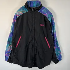 古着 90's/90年代 リーボック Reebok ナイロンジャケット フルジップ ワンポイントロゴ刺繍 ベクターロゴ M  ブラック マルチカラー メンズ