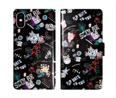 [iPhone12 Pro Max] iPhone16 Pro ケース スカラー スマホケース 手帳型 iPhone16 Plus ケース アイフォン16 15 14 13 12 11 スマホカバー 全機種対応 手帳 ScoLar ネコ スター ブラック 総柄